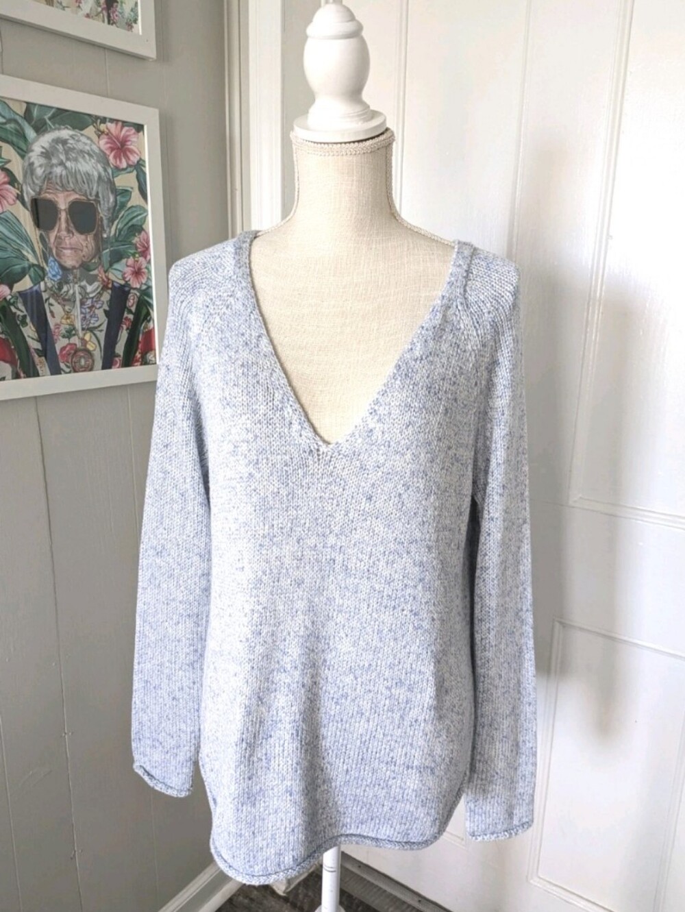 H&M Light Blue Oversized V Neck Sweater Coastal Slouchy Relaxed Fit Small